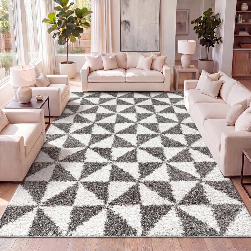 Tapis à poil long géométrique beige / gris foncé Kuehl, Rectangle 5 pi 3 po x 7 pi 7 po