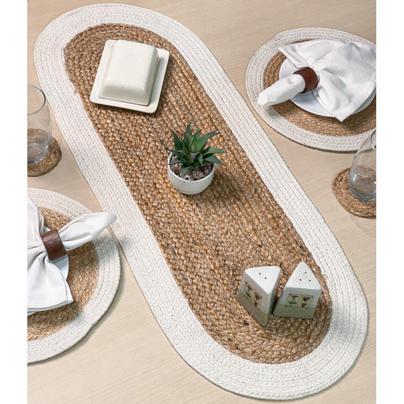 VERONA JUTE BORDER ROUND TABLE RUNNER, 13" x 36", Natural/Ivory