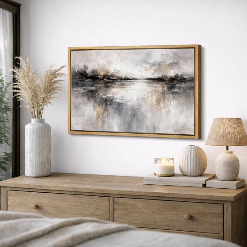 «Abstract Neutral Grey Misty Reflection», œuvre d'art moderne sur toile encadrée, impression sur toile, Cadre naturel
