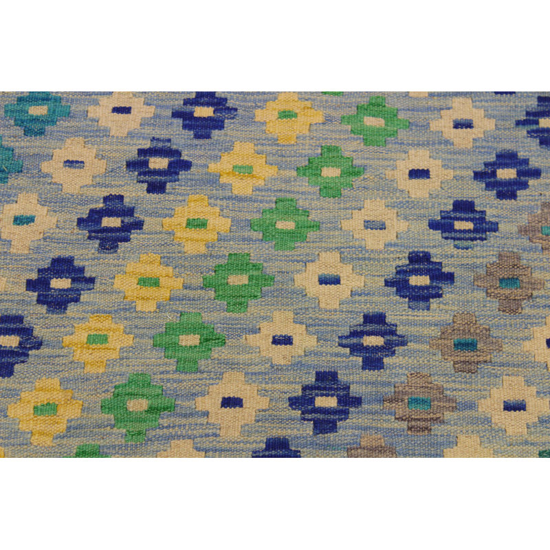 Tapis bleu clair / ivoire / jaune en laine à motif de chevrons fait à la main 2 pi 8 po x 4 pi Madee