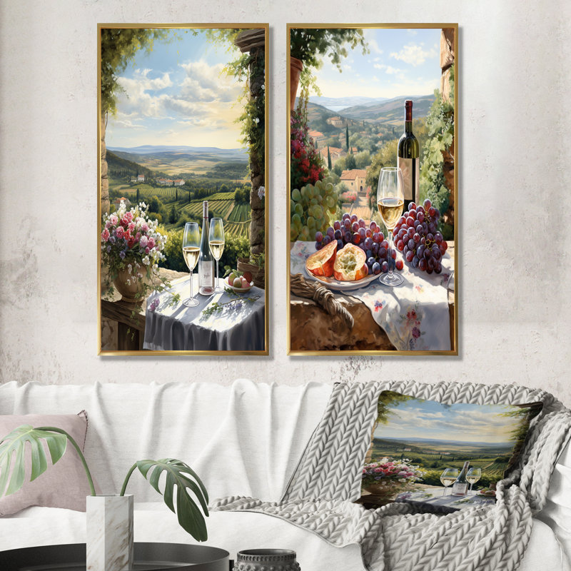 «Vineyard Romantic Charm Landscape», ensemble de 2 impressions sur toile Vineyard, Cadre flottant doré, H 28 po x l 25 po