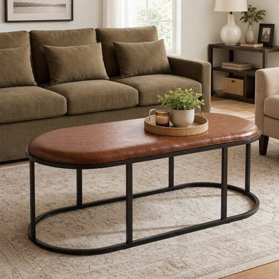 Table basse ovale en similicuir 55,12 po avec base en métal