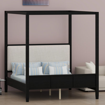 Sturdy Canopy Bed Frame Featuring Solid Wood and Upholstered Headboard