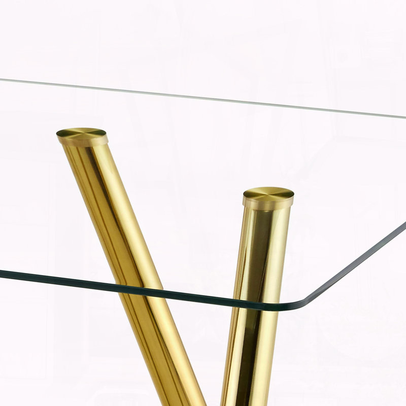 71" Rectangular Dining Table for 6-8 with Tempered Glass Top & Gold Metal Legs, Six Metal Legs, 30" H x 71" L x 35.50" W
