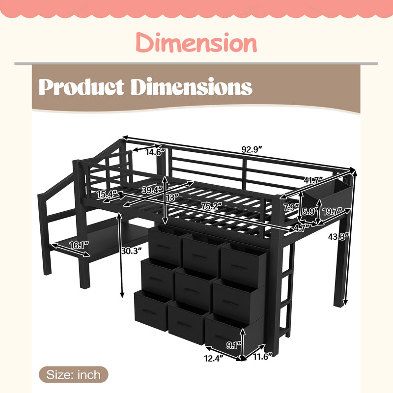 Twin Low Loft Bed With Multi-Storage Spaces, Black