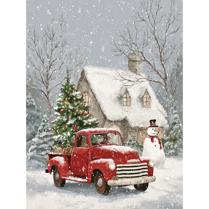 «Winter Farmhouse Red Truck», art mural sur toile