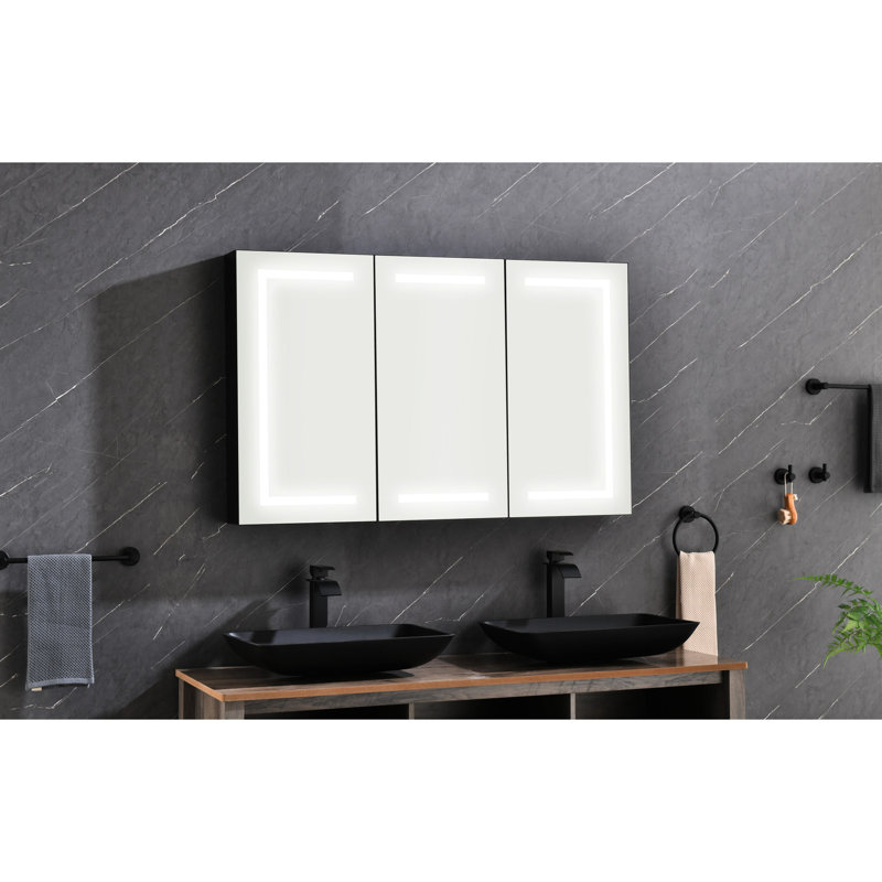 Armoire de salle de bain à miroir avec DEL, douilles - 48 x 30 po, à intensité variable, brouillard, miroir en aluminium noir mat 48 x 30 po, douille, inspecteur