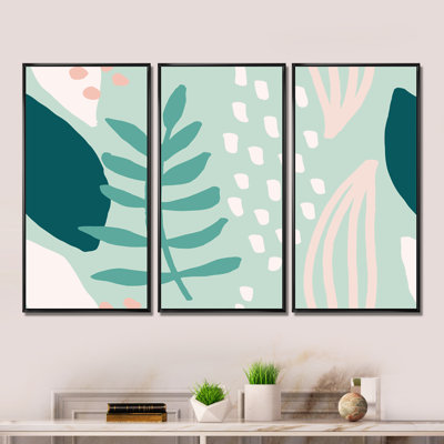 Abstrait vert clair et feuillage rose I - ensemble d'art moderne encadré sur toile Mid-Century