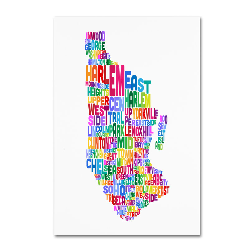 « manhattan new york typographie text map », reproduction d’impression sur toile tendue, H 47 po x l 30 po x P 2 po