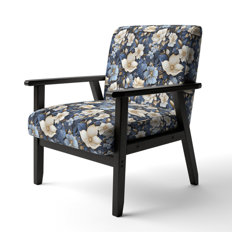 White Blue Nightfall Floral Elegance - Upholstered Farmhouse Arm Chair, Blue Accent Chair