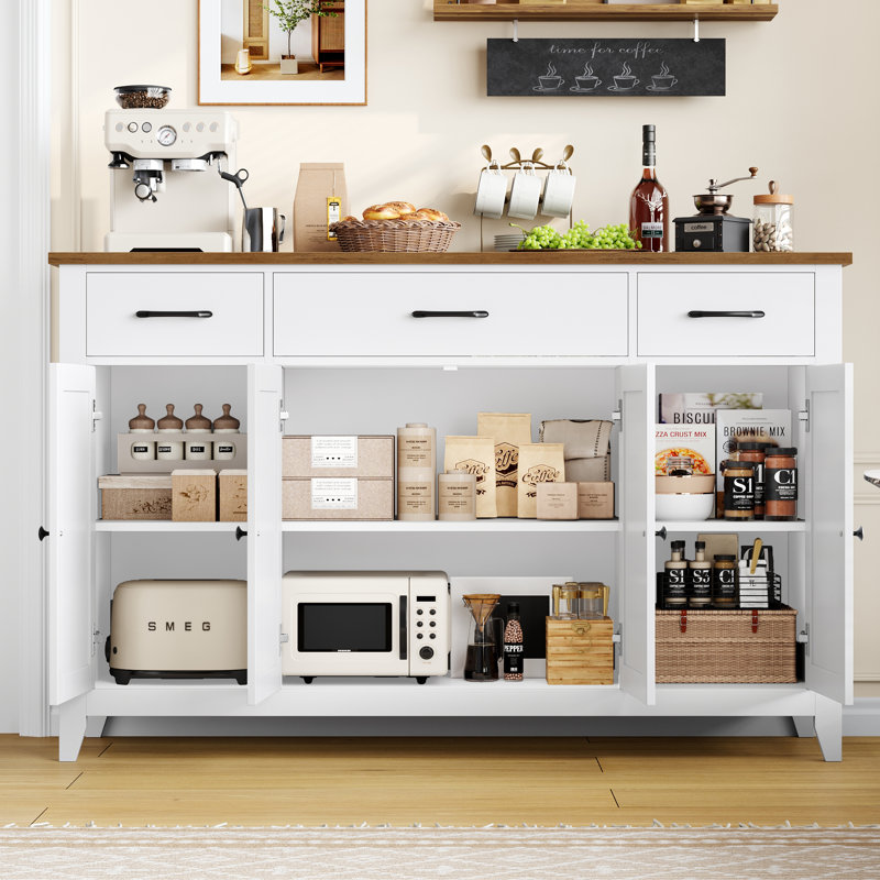 55.1"W Kitchen Sideboard with 3 Drawers, Buffet Cabinet for Dining Room, Living Room, Hallway, White/Wood
