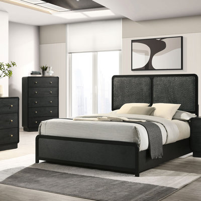 Grand lit à panneau tapissier noir moderne avec tête de lit en tissu gris anthracite