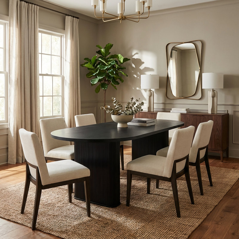 Extendable Oval Dining Table for 4 to 8 People, Modern Kitchen Table with Wooden Strip Base in Black Finish