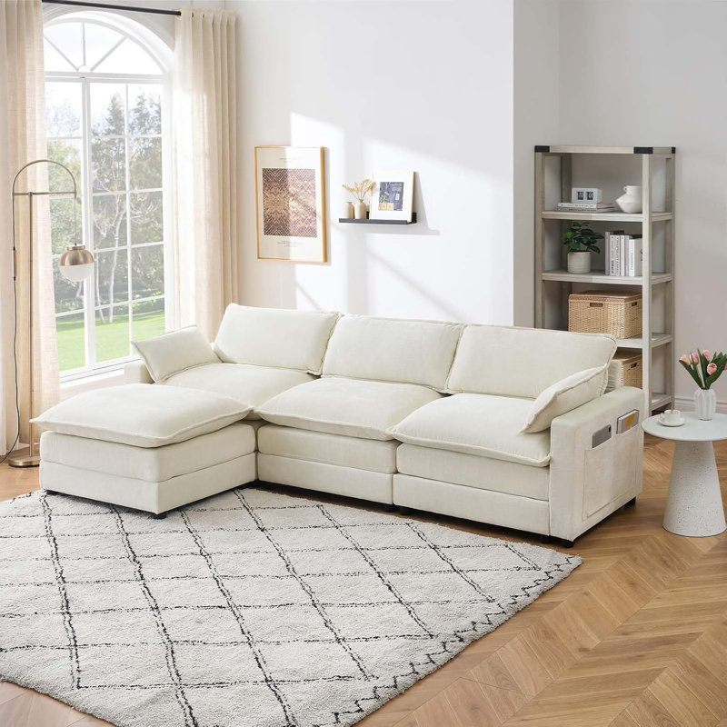 Canapé modulaire Chenille de 113 pouces, canapé 3 places en L moderne avec repose-pieds, 2 coussins, poches latérales, canapé rembourré en fausse fourrure surdimensionné pour le salon, la chambre à coucher