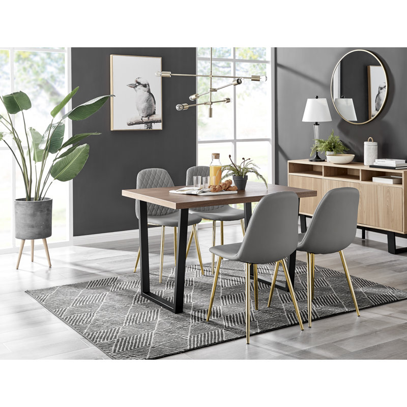 Edward Wood Effect Pedestal Dining Table Set with 4 Luxury Faux Leather Dining Chairs, Gray/Gold