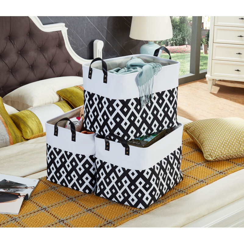 Foldable Storage Bin | Collapsible Sturdy Fabric Storage Basket Container W/Handles, White/Black
