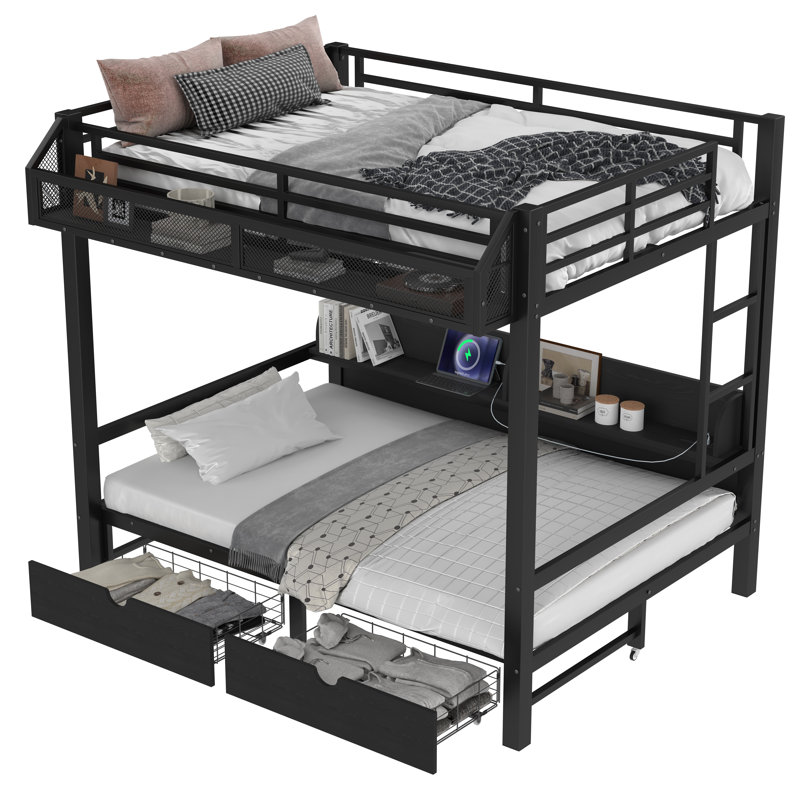 Full over Full Bunk Bed with Storage Shelves and Drawers,Multifunctional Metal Bunk Beds with USB Ports and LED Lights, Lower Bed that can be converted into a sofa, Black