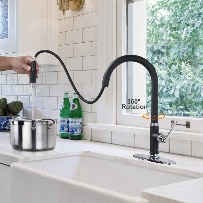Robinet de cuisine à fixation sur le comptoir avec douchette rétractable à une poignée et deux options de débit d'eau