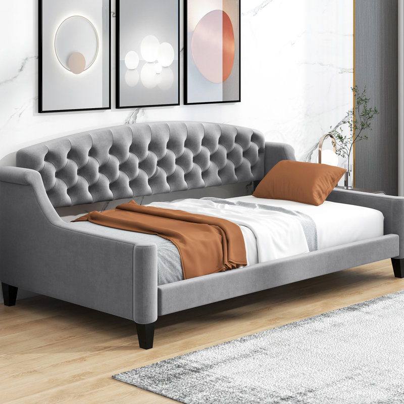 Lit de jour simple gris avec structure en bois stable et aucun sommier tapissier, Gris