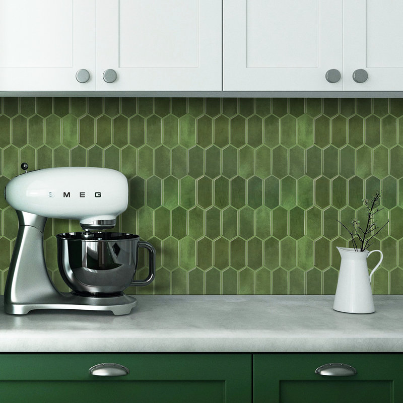 Green Peel And Stick Elongated Hex Backsplash Self-Adhesive Vinyl Wall Tile  (Set Of 10)