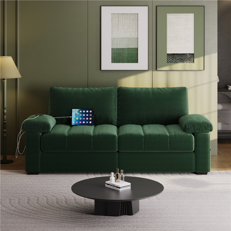  79'' W Upholstered Sofa Velvet Couch with USB Charging Ports, Green