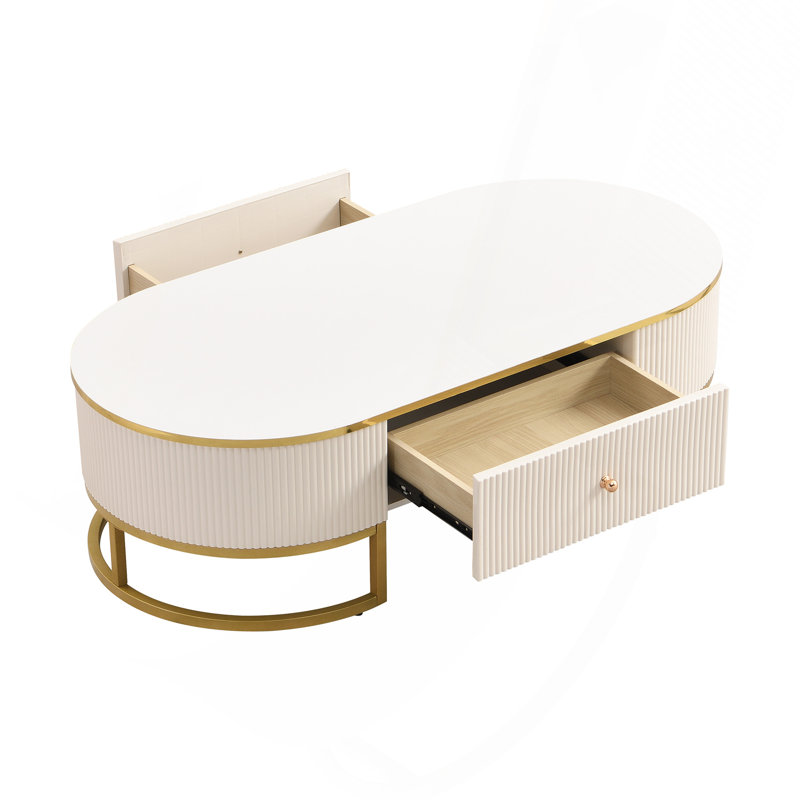 Table basse moderne ovale avec tiroirs, conception à profil incurvé, décor en métal doré, table centrale pour le salon