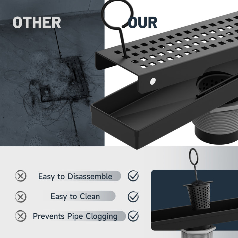 32 po Drain de douche linéaire en acier inoxydable avec couvercle de drain carré, Noir mat