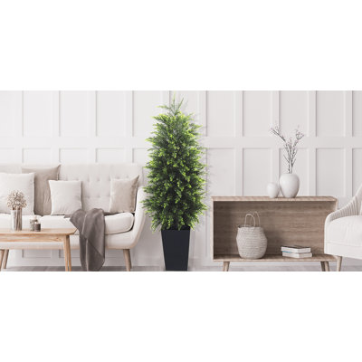 Cèdre artificiel de 48 pouces avec grand pot de fleurs noir | Grande plante en pot à feuilles persistantes pour la décoration intérieure et extérieure d'une ferme | Porte d'entrée de patio