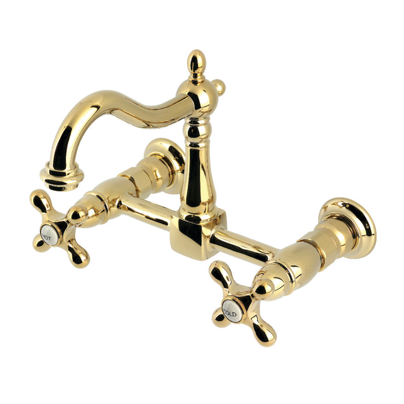 Kingston Brass Heritage Double-Handle 2-Hole Wall-Mount Bridge Kitchen Faucet, Polished Brass