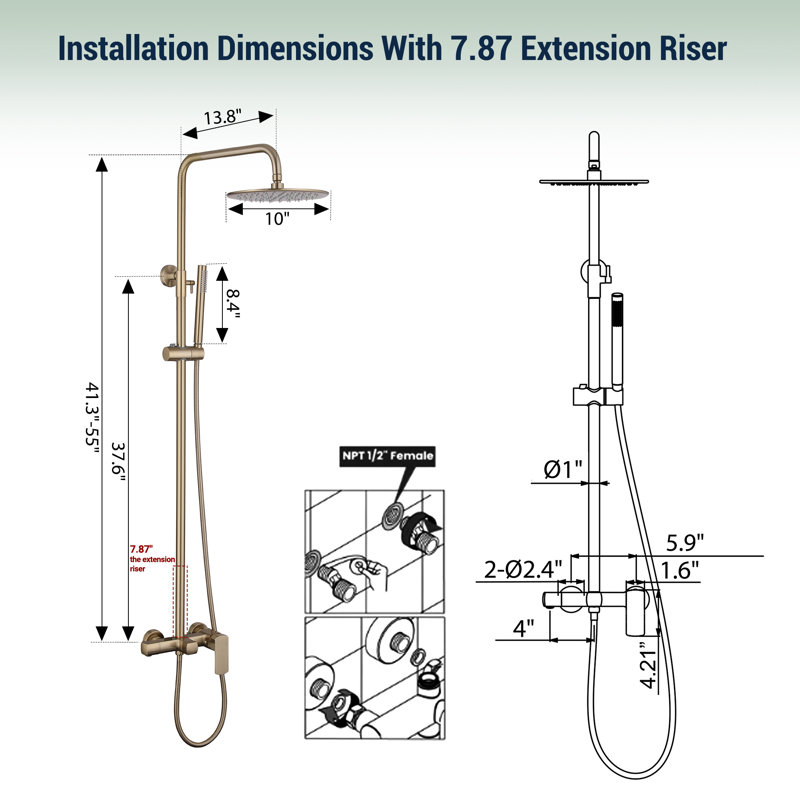 Solid Brass Wall Mounted Complete Shower System With Handheld Shower And Tub Spout, Brushed Gold