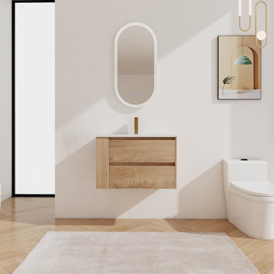 Meuble-lavabo mural 30 po avec lavabo en céramique à 2 tiroirs à fermeture en douceur