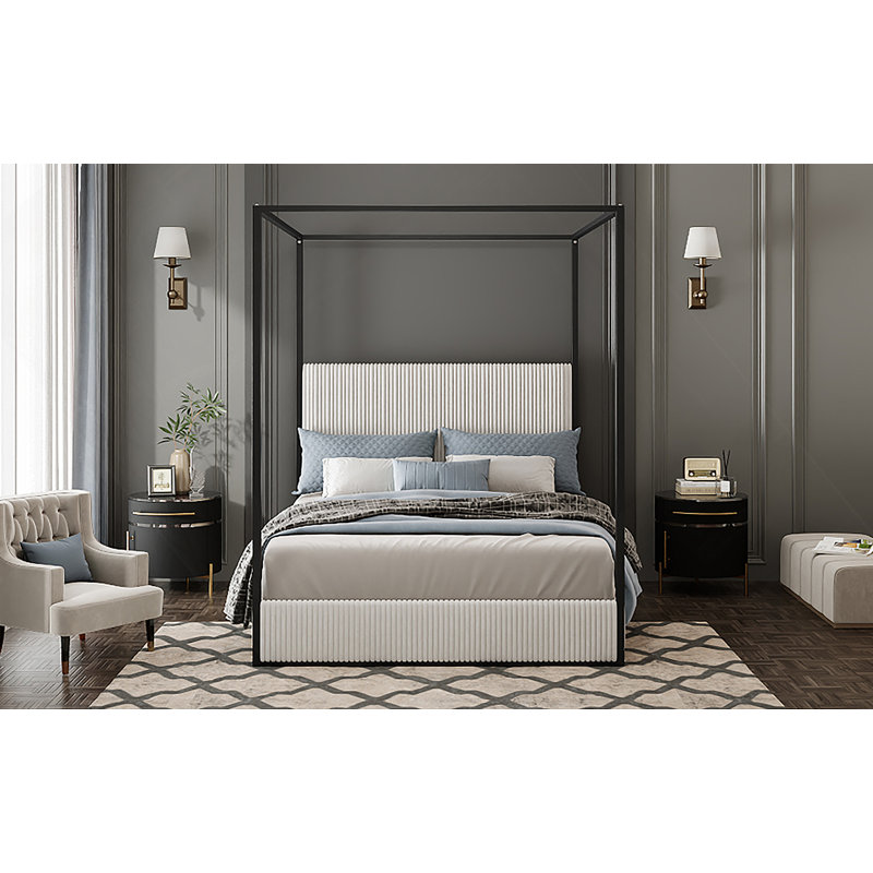 Modern Luxury Metal Canopy Bed with Tall Upholstered Headboard and Four Poster, No Box Spring Needed, White/Black, King