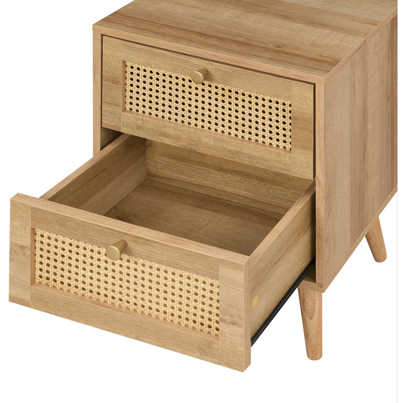 Anisjon & Rattan 2 Drawer Bedside Table, Oak