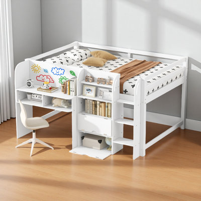 Full Size Low Loft Bed With Built-in Desk, Storage Cabinets & Bookcase - Study & Sleep Space-saving Design