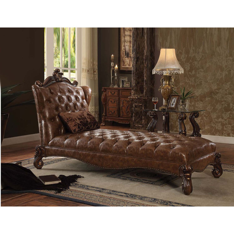 Méridienne Versailles avec coussin, similicuir brun clair deux tons et chêne cerise