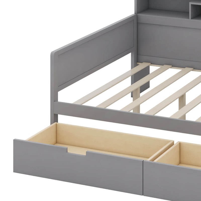 Lit de jour en bois avec tablettes de rangement, bureau intégré, deux tiroirs de rangement sous le lit, lit multifonctionnel