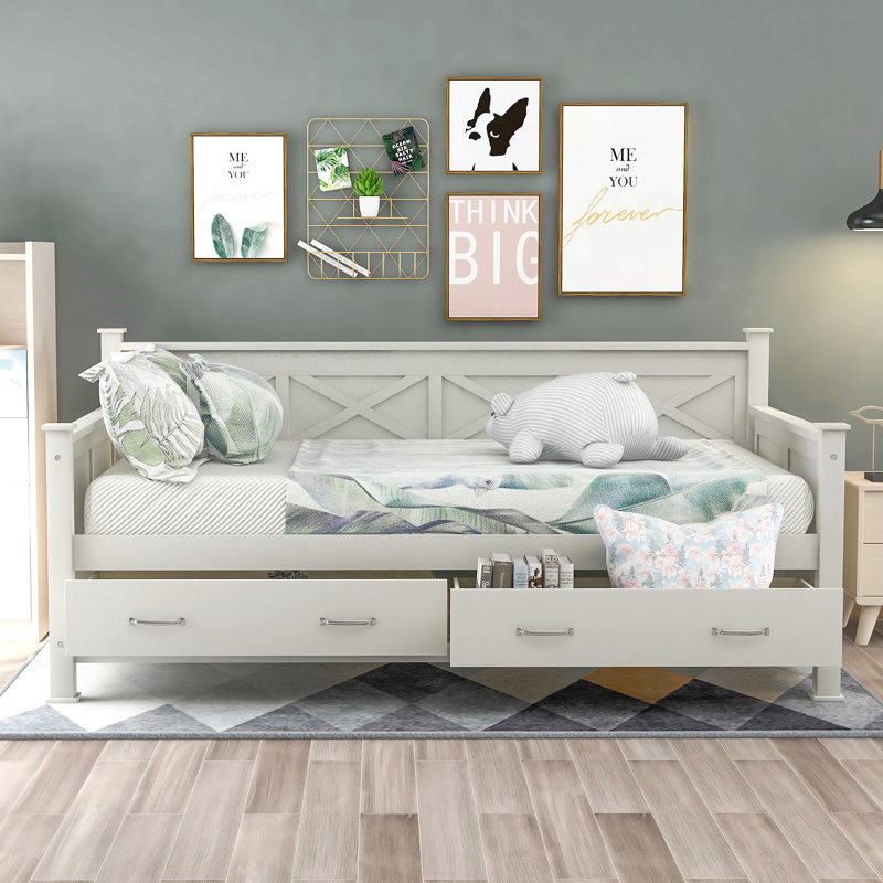 Twin Size Daybed With 2 Large Drawers, X-Shaped Frame, Modern And Rustic Casual Style Daybed, Cream White