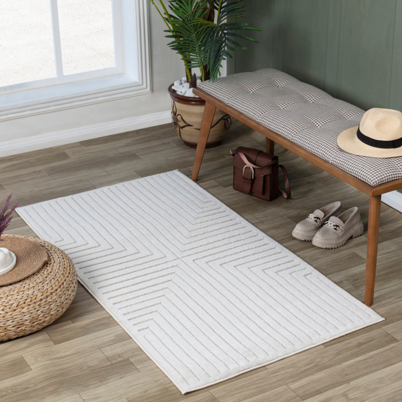 White Modern Outdoor Rug, Geometric Stain Resistant Easy to Clean Rug For Patio, Balcony, Garden & Decks