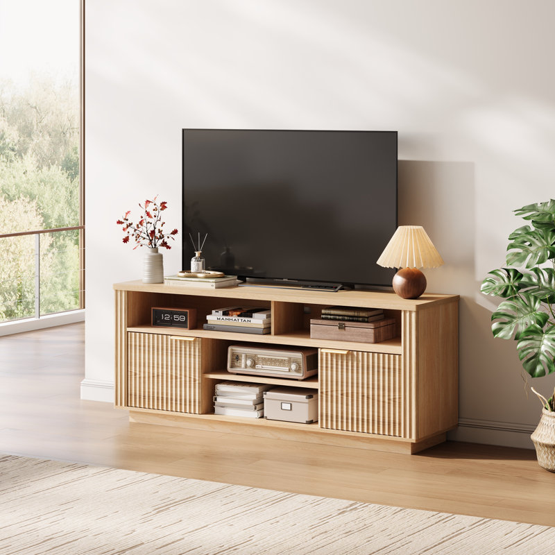 Meuble télé cannelé, meuble télé de style Mid-Century pour téléviseur de 65 po ou moins, Bois de chêne