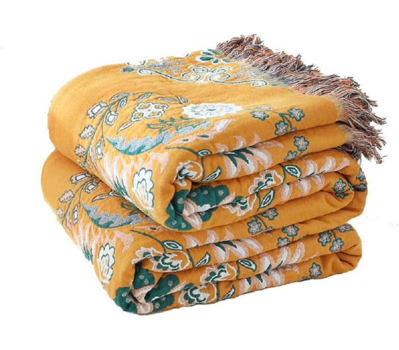 Housse de couette 100% coton DONEUS Boho, Grand lit, Motif floral jaune