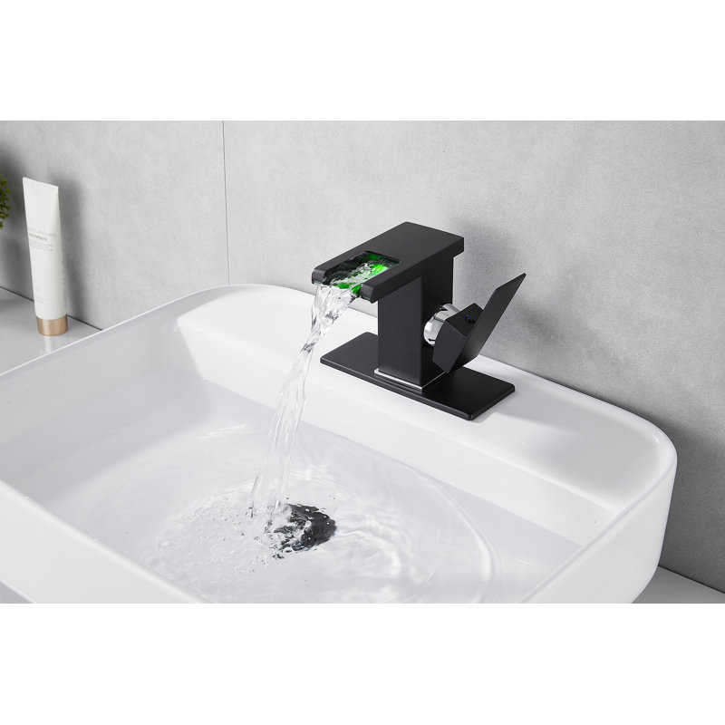 Bathroom Faucet Single Hole Handle Led Waterfall Open Spout Modern Brass Sink Vanity Faucets, Matte Black