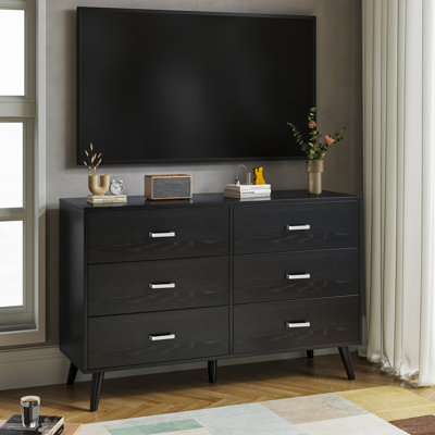 Black Dresser for Bedroom, 6 Drawer Dresser with Metal Handles, Mid Century Modern Chest of Drawer Large Storage Organizer for Living Room, Closet