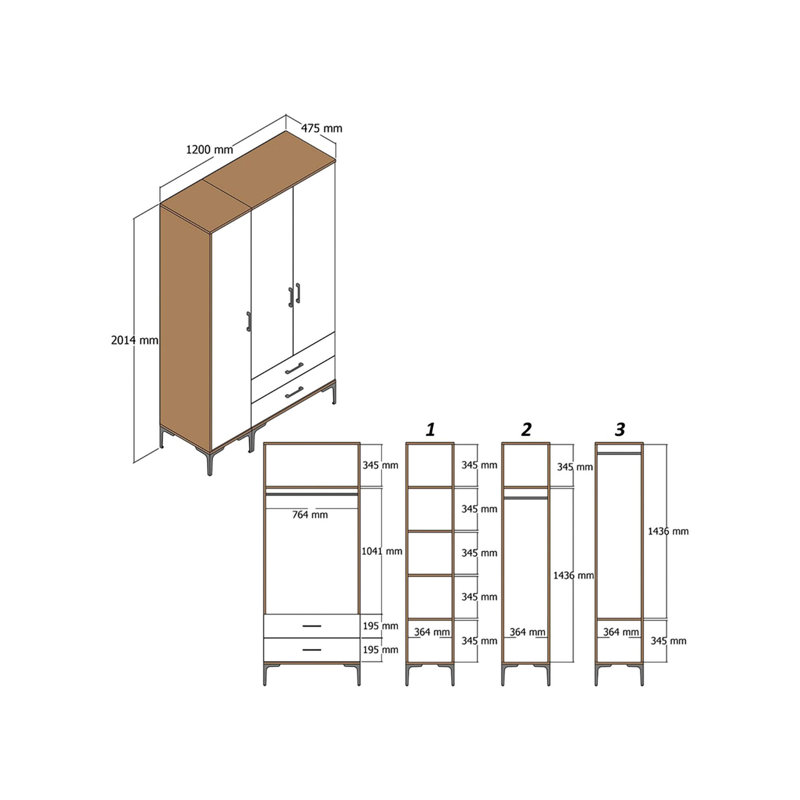 Alleane Manufactured Wood Wardrobe, Walnut/Anthracite