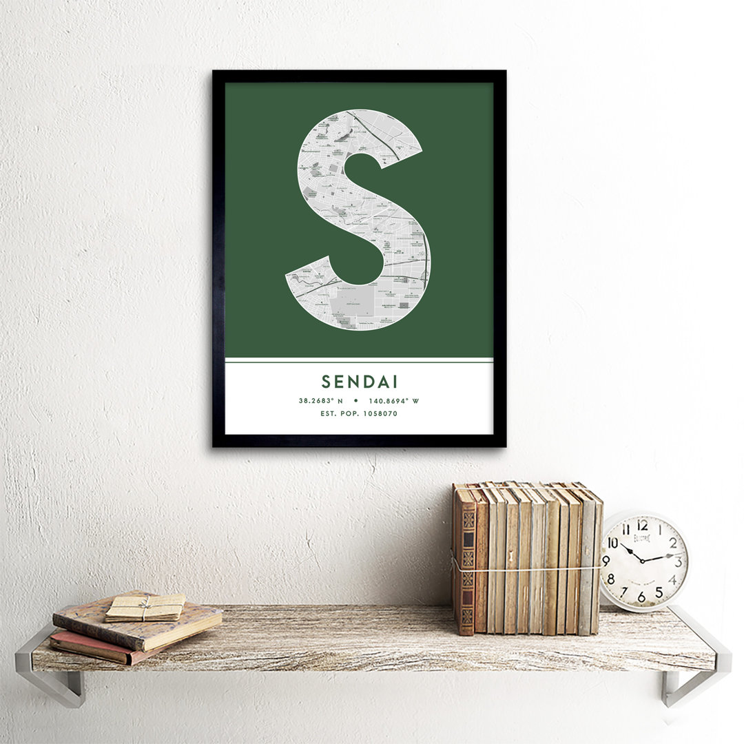 Sendai City Map Sendai Green by Wee Blue Coo - Single Picture Frame Typography
