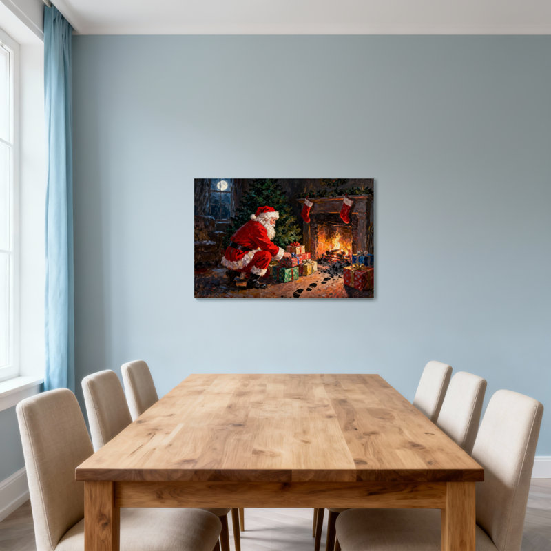 Père Noël de Noël au coin du feu avec des cadeaux, H 12 po x l 18 po
