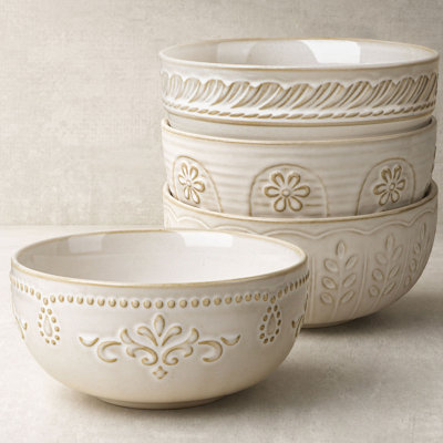 Ensemble de 4 bols à soupe en céramique embossés, allant au micro-ondes et au lave-vaisselle - plusieurs motifs