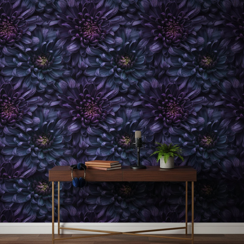Papier peint floral, décoration murale mauve détaillée