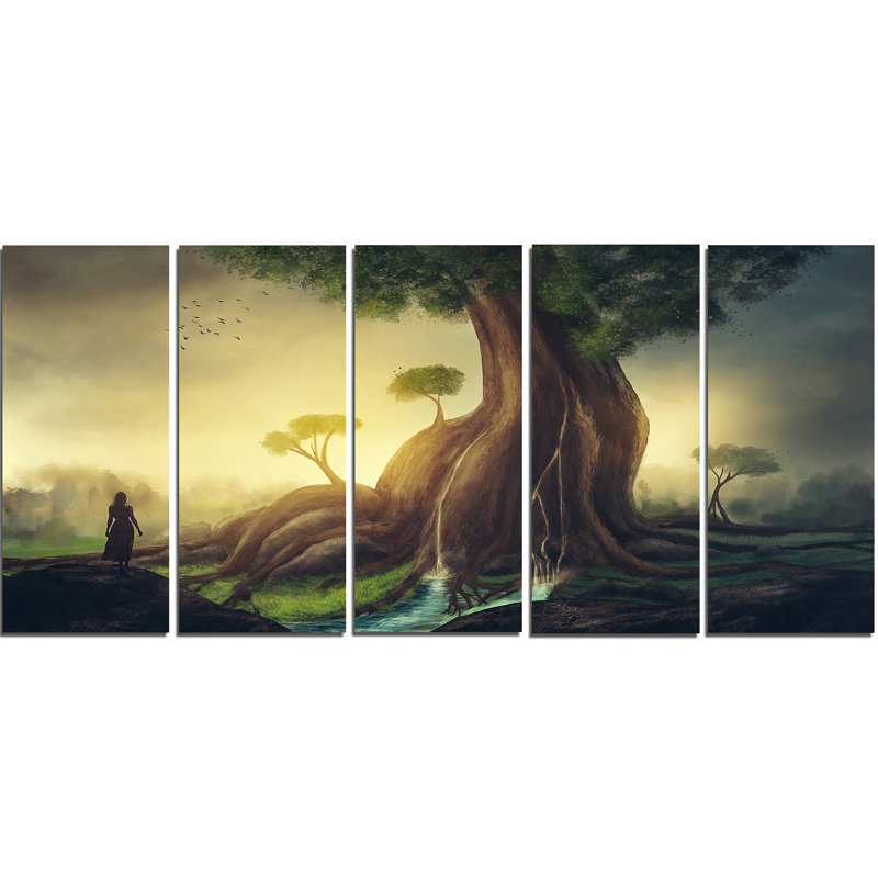 Arbre géant avec femme, ensemble de 5 toiles tendues