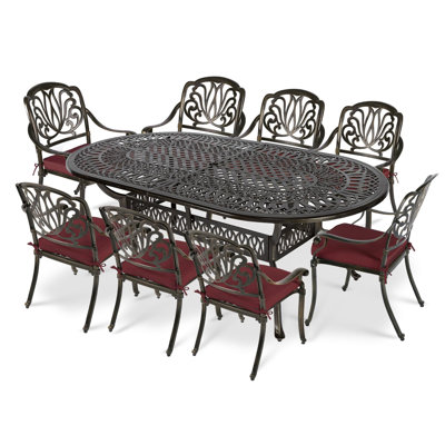 Vivijason 9-Piece Outdoor Furniture Dining Set, All-Weather Cast Aluminum Patio Conversation Set, Include 8 Cushioned Chairs And An Oval Table With Umbrella Hole For Balcony Lawn Garden Backyard