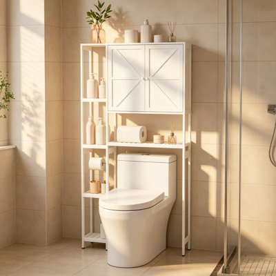 Rangement au-dessus de la toilette en bambou, support de toilette autoportant avec armoire et tablettes ouvertes, grande étagère de rangement pour salle de bain, étagère à niveaux pour salle de bain ou salle de lavage, assemblage facile, blanc